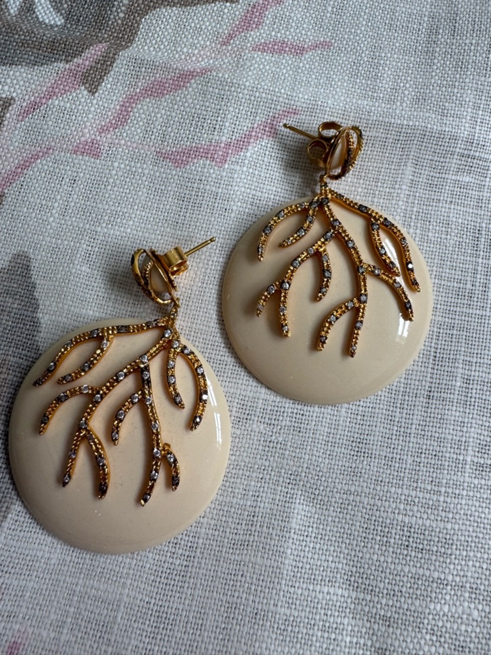 Miriam Salat resin earrings. Cream Ceramic Disc Drop Earrings with Gold Posts